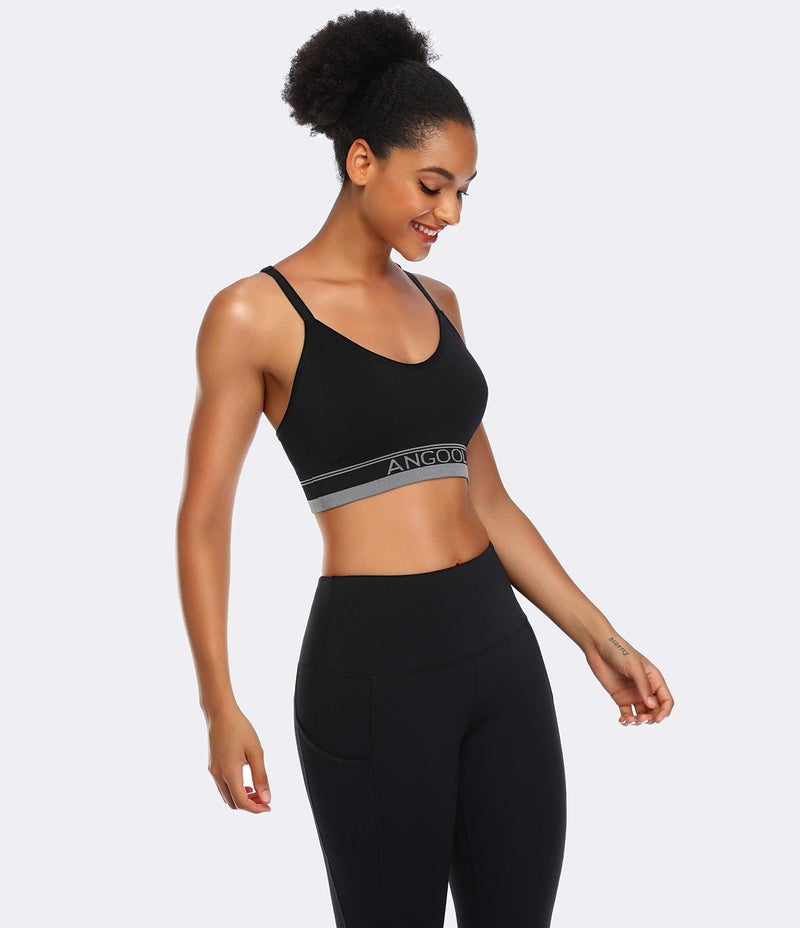 ANGOOL Strappy Sports Bra for Women, Longline Medium Support Yoga Bra Wirefree Padded Sports Bra with Adjustable Straps Black - Image 4